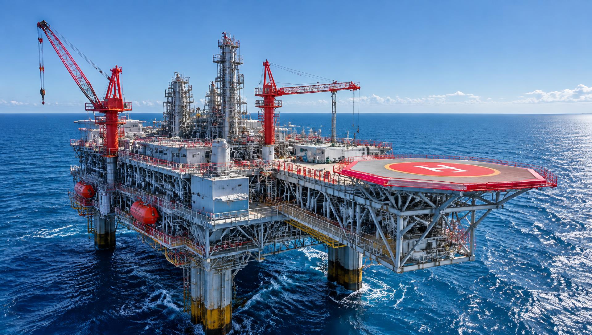 Offshore energy platform with red structural accents on a bright blue sea